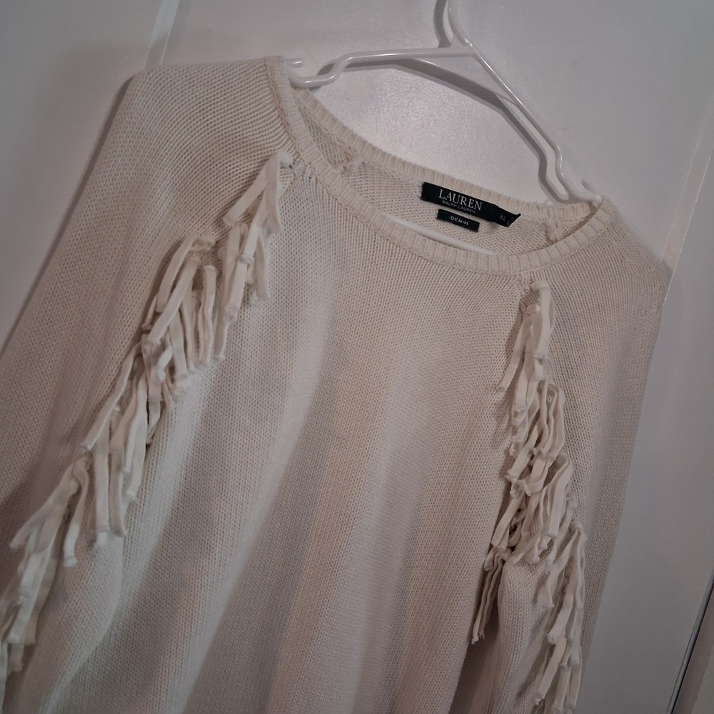 Lauren Ralph Lauren Sweater Womens XL Cream Fringe Cotton Knit Boho Western Top